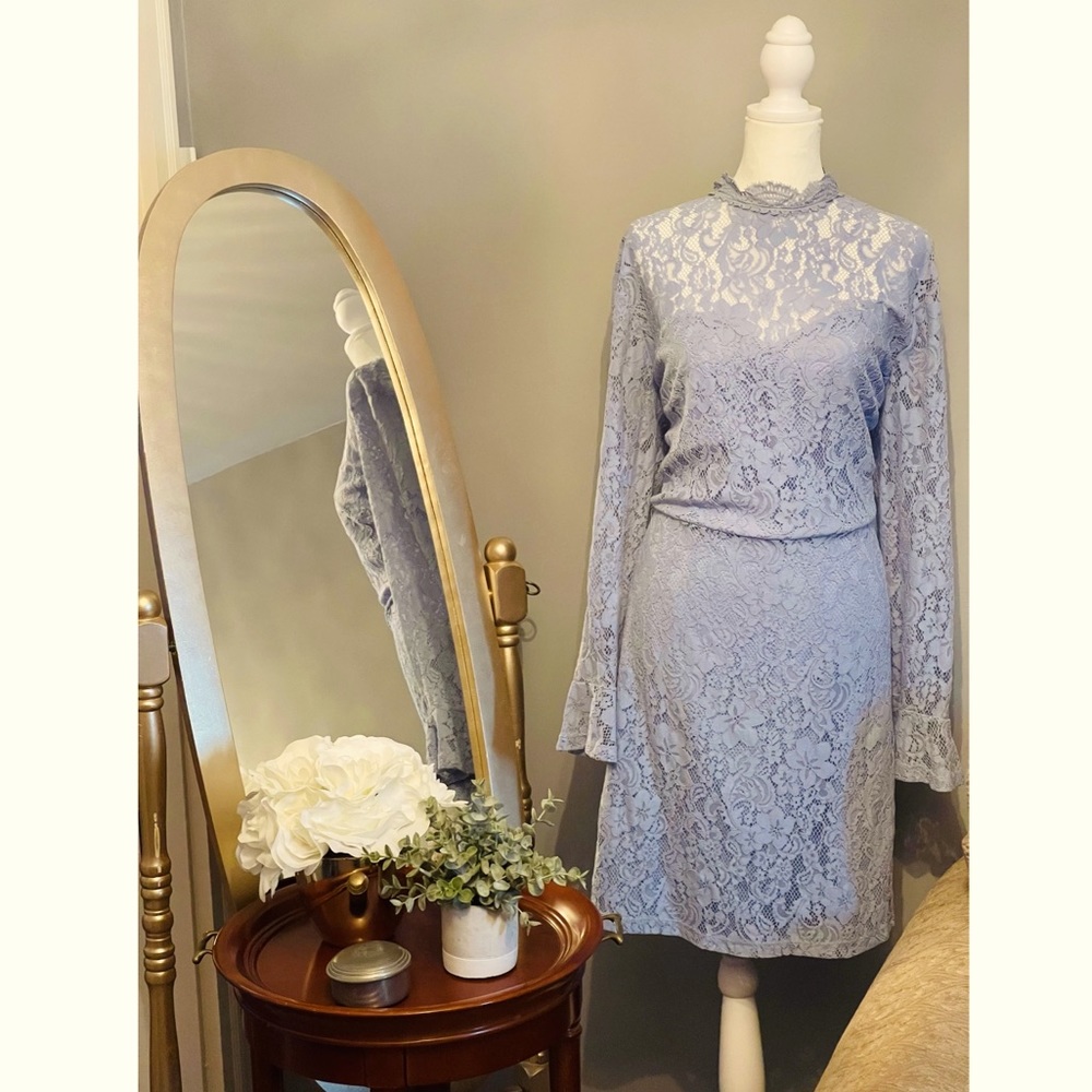 Lace scalloped mock neck fit and flare dress